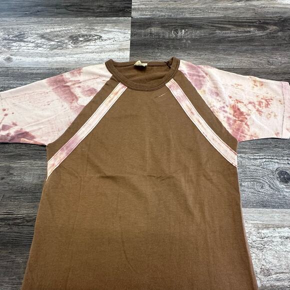 True Vintage 60s 70s Fruit of the Loom 5 Fingers Tan Pink Mens M Ringer T-shirt - Picture 3 of 8